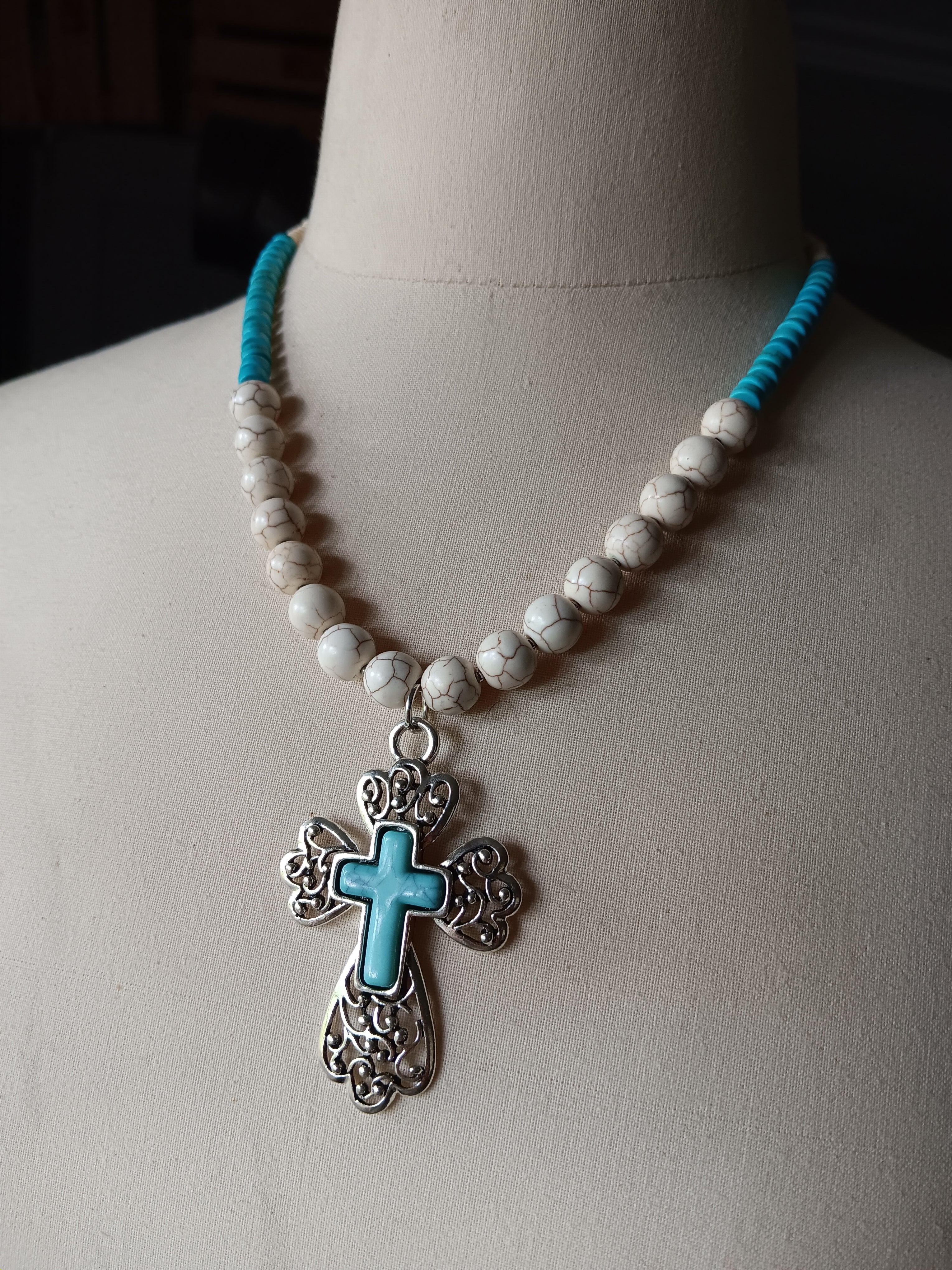 Turquoise Cross Pendant Beaded Necklace
