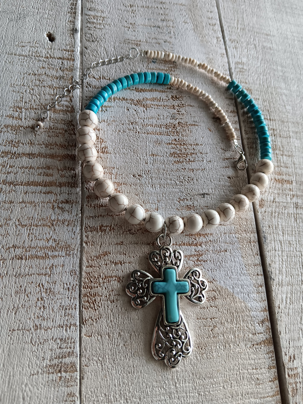 Turquoise Cross Pendant Beaded Necklace