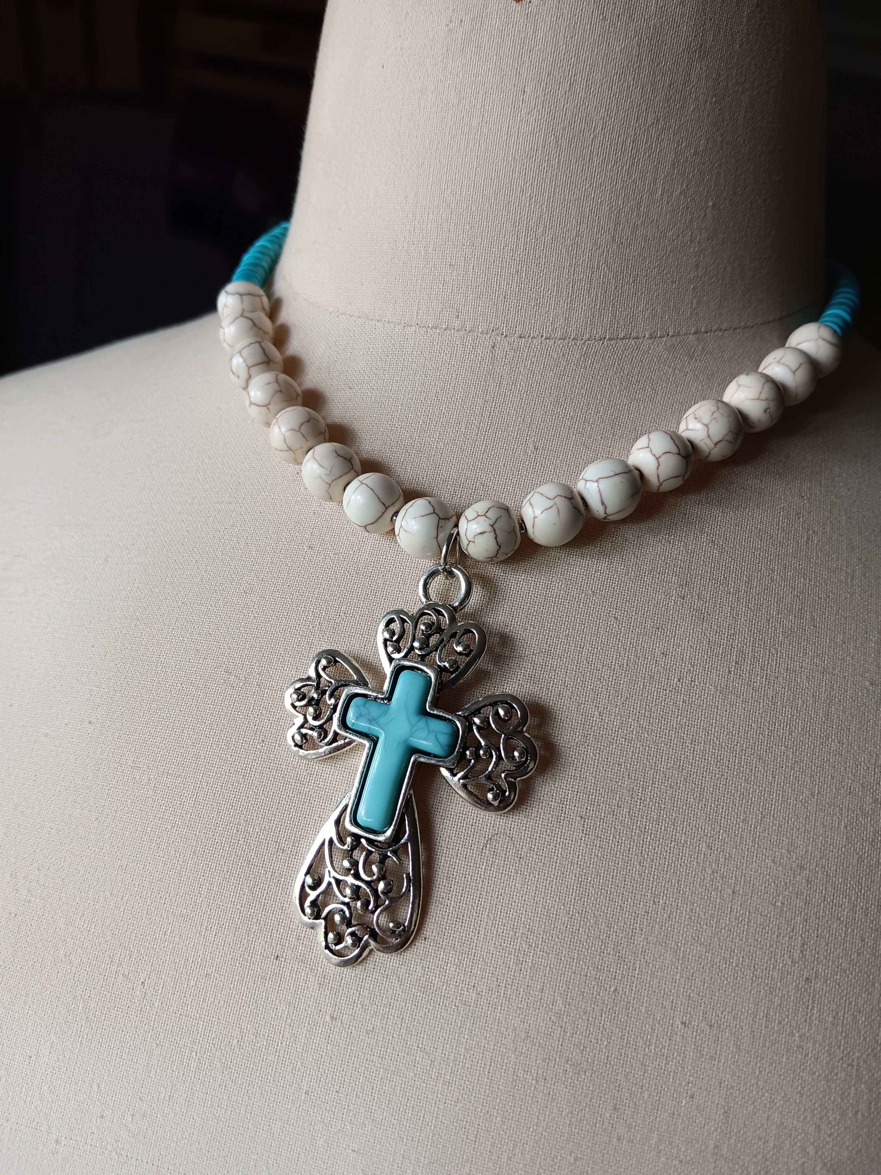 Turquoise Cross Pendant Beaded Necklace