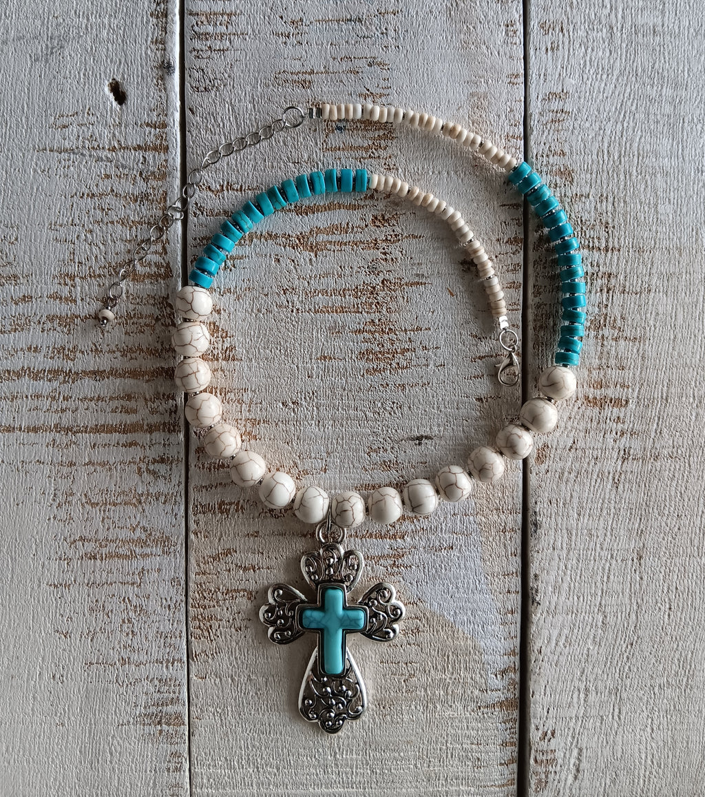Turquoise Cross Pendant Beaded Necklace