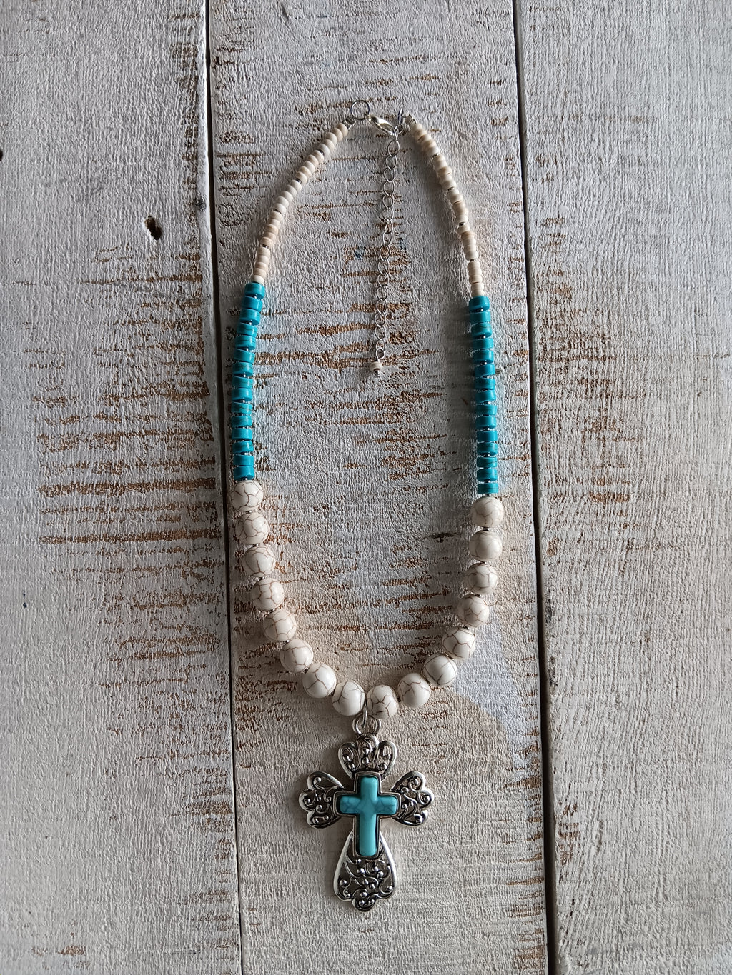 Turquoise Cross Pendant Beaded Necklace