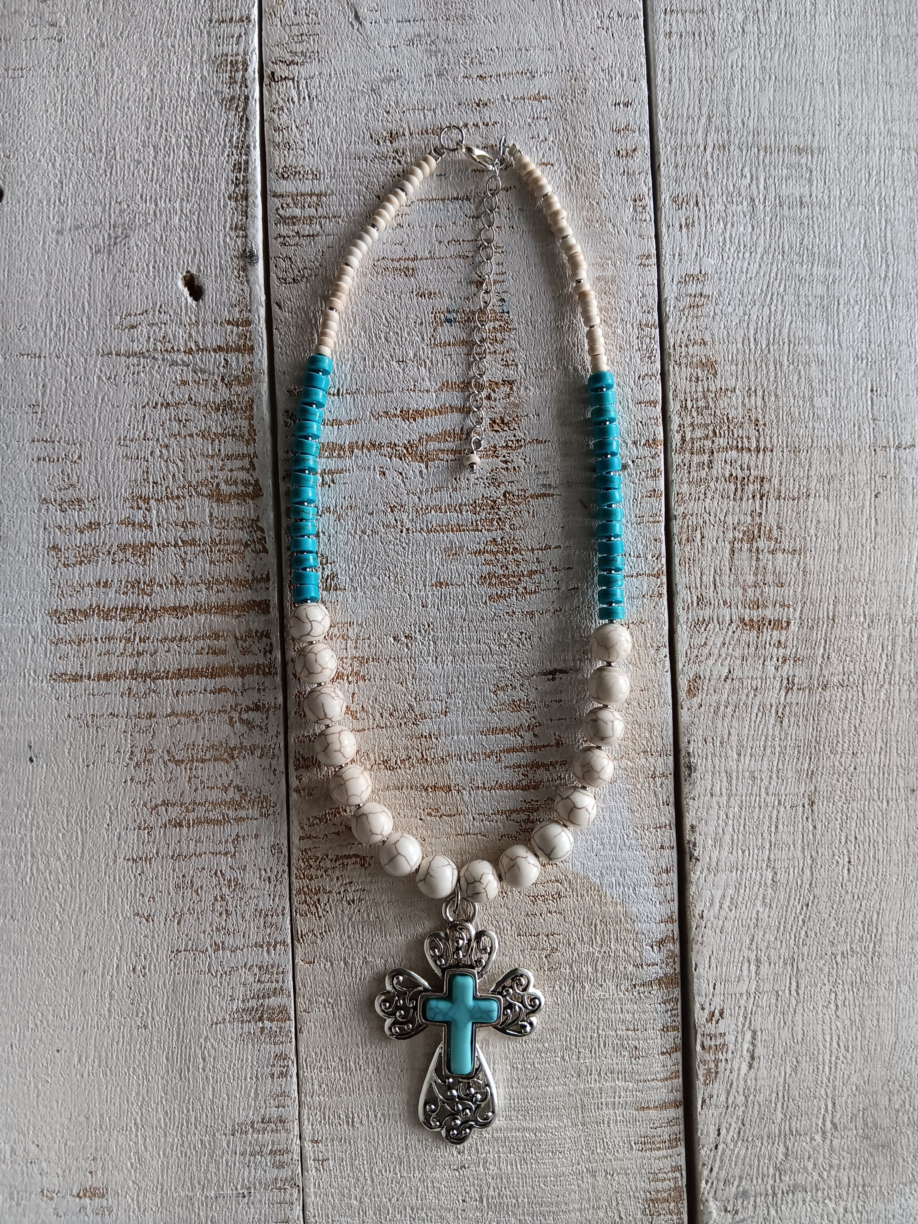 Turquoise Cross Pendant Beaded Necklace